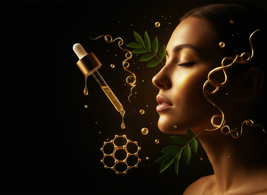 Peptides et bakuchiol — sérum pipette, structure moléculaire dorée et feuilles botaniques sur fond noir