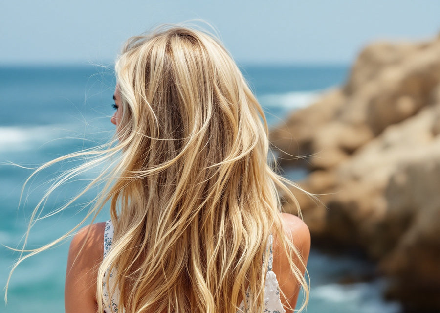 Femme de dos, longs cheveux blonds au vent face à la mer et aux rochers, cheveux exposés au sel et au soleil — CAMENYS