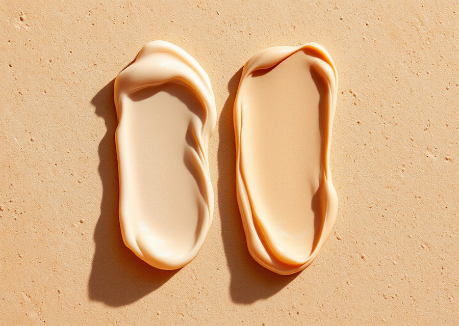 Deux touches de crème teintée côte à côte sur fond beige chaud, comparaison de textures solaires — CAMENYS