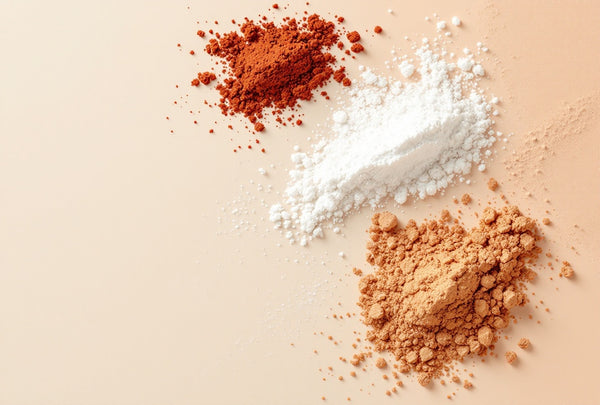 Trois tas de poudres minérales — terracotta, blanche et beige — sur fond crème — CAMENYS