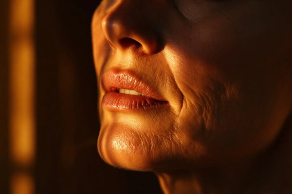 Bouche et mâchoire d'une femme mûre en lumière chaude rasante, grain de peau et ridules visibles — CAMENYS