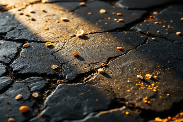 Ardoise volcanique sombre traversée par une lumière dorée rasante, éclats botaniques posés dans la lumière — CAMENYS