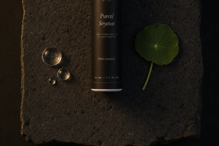 Le flacon noir du gel hydratant à la niacinamide couché sur une dalle de pierre volcanique brune, entre trois gouttes d'eau transparentes et une feuille ronde verte — CAMENYS