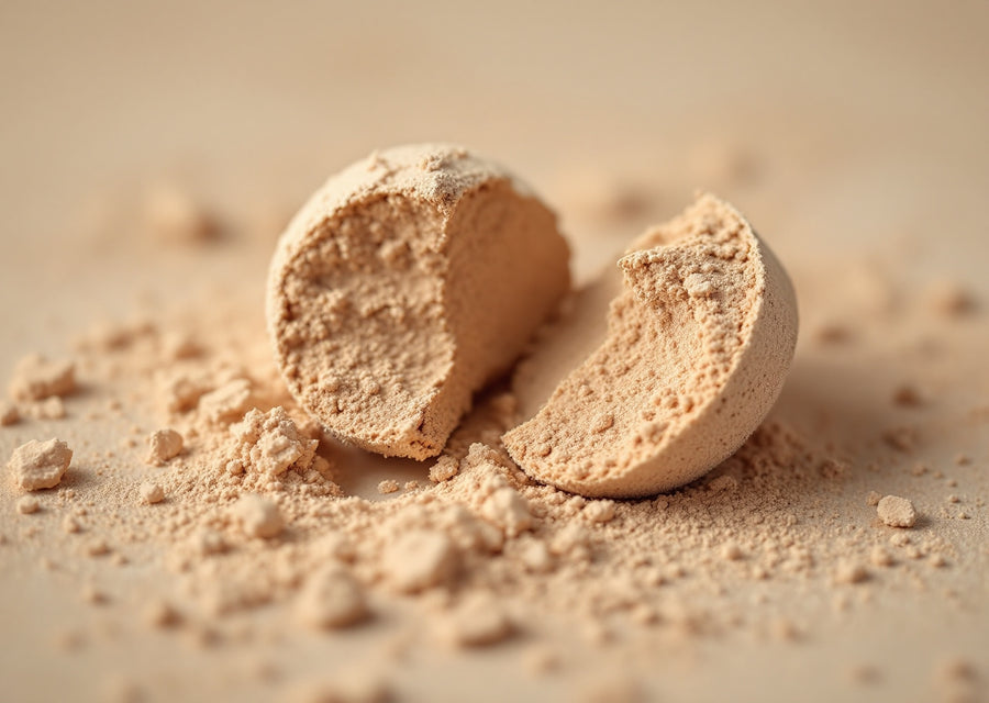Poudre minérale beige compactée et brisée, éclats et poudre libre répandus sur fond sable — CAMENYS