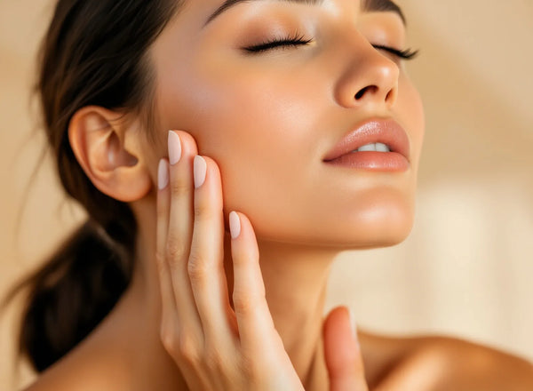 Femme réalisant un massage de sculpting sur sa mâchoire et sa pommette, lumière naturelle chaude — CAMENYS