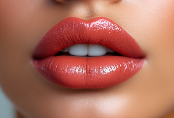 Macro de lèvres maquillées d'un rouge corail satiné — CAMENYS