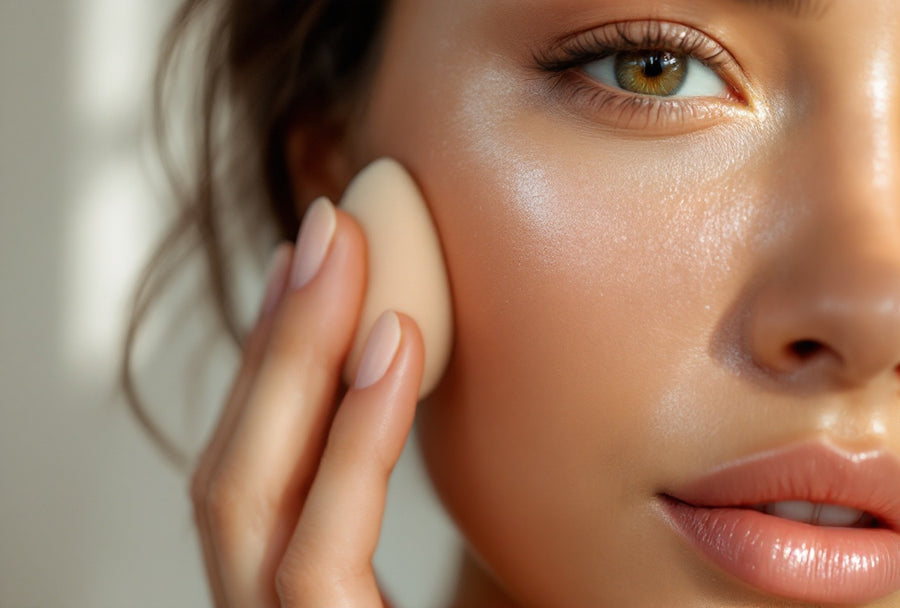 Gros plan sur une joue et un œil, éponge de maquillage appliquée sur la peau — CAMENYS