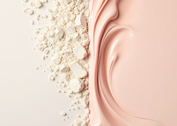 Composition en deux moitiés : éclats de shampoing solide à gauche, crème liquide rosée à droite — CAMENYS