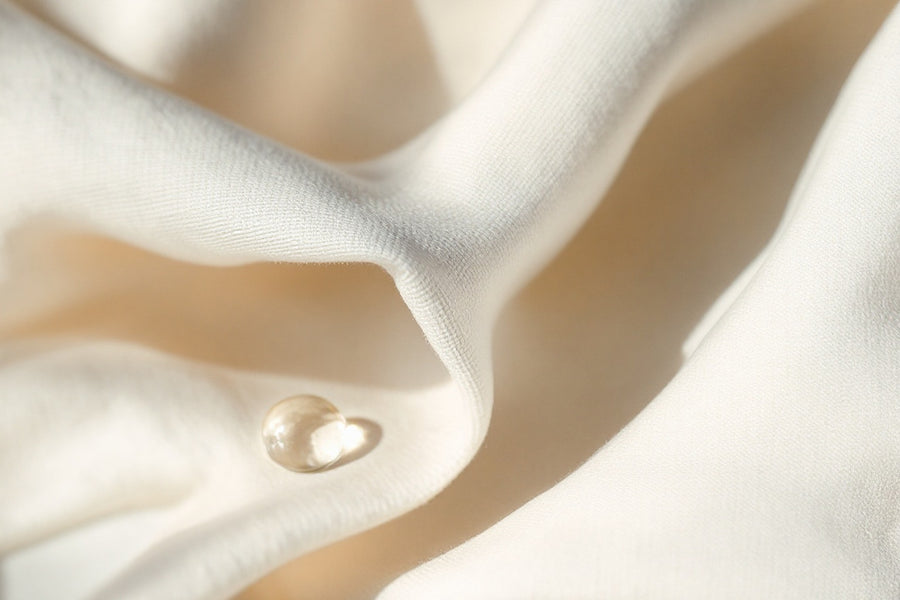 Goutte de gel transparent posée sur un tissu blanc plissé, esthétique minimaliste — CAMENYS