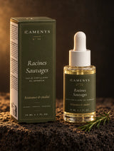Coffret et flacon Racines Sauvages, huile capillaire au romarin CAMENYS, 30 ml sur pierre volcanique