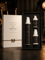 Coffret Nuit Régénérante CAMENYS ouvert — les trois soins de nuit dans leur écrin