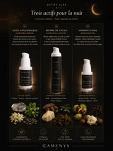 Actifs clés du coffret Nuit Régénérante CAMENYS — acide hyaluronique, beurre de cacao et marron d'Inde