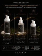 Routine en 3 gestes du coffret Rituel Pureté CAMENYS — nettoyer, exfolier, cibler