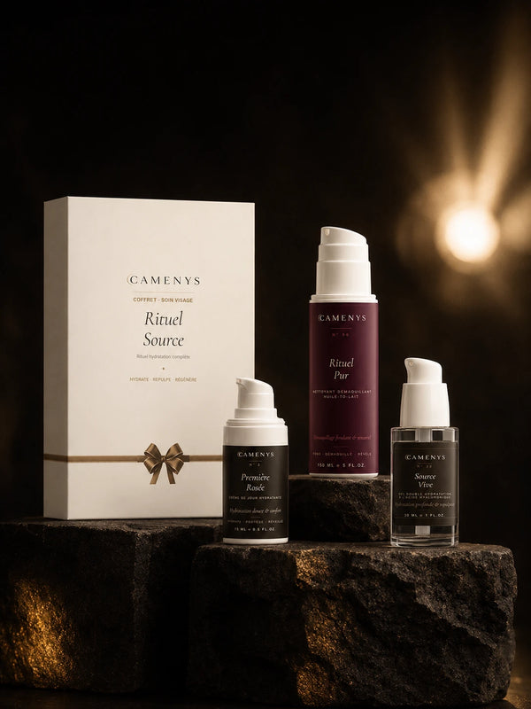 Coffret Rituel Source CAMENYS — nettoyant démaquillant huile-to-lait, gel à l'acide hyaluronique et crème de jour