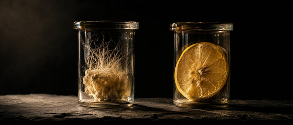 Deux bocaux de verre sur ardoise sombre : une racine fibreuse et une rondelle de citron séchée — CAMENYS