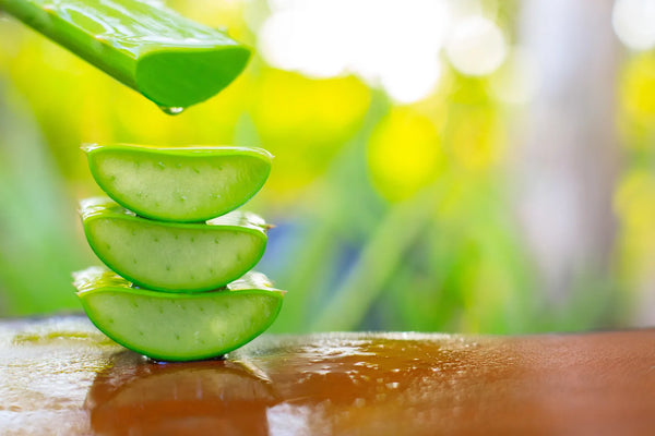 Feuilles et tranches d'aloe vera fraîches sur bois clair, ingrédient naturel pour le soin de la peau