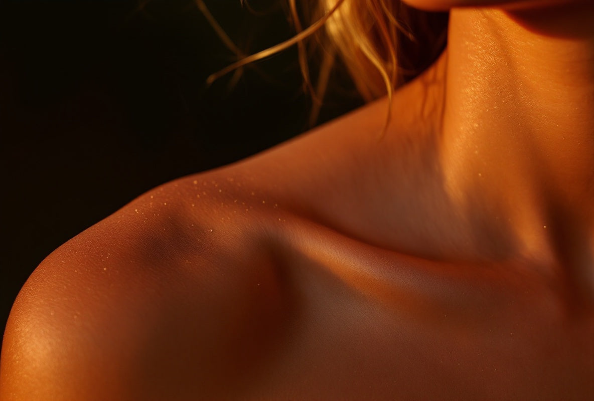 Épaule et clavicule hâlées en lumière chaude sur fond sombre, peau perlée de gouttes — CAMENYS