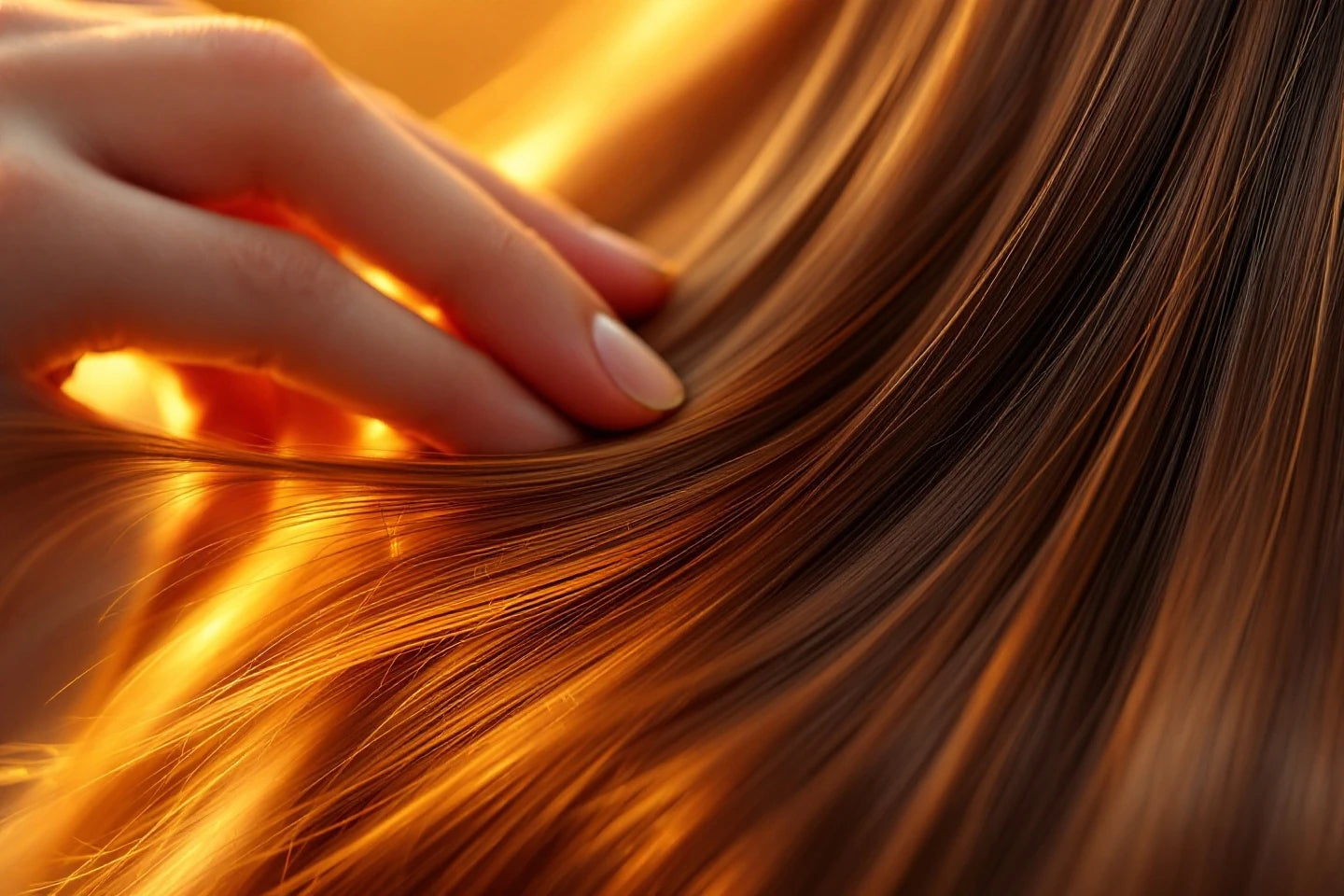 Cheveux soyeux brillants main passant dans des mèches — soin kératine végétale certifié CAMENYS