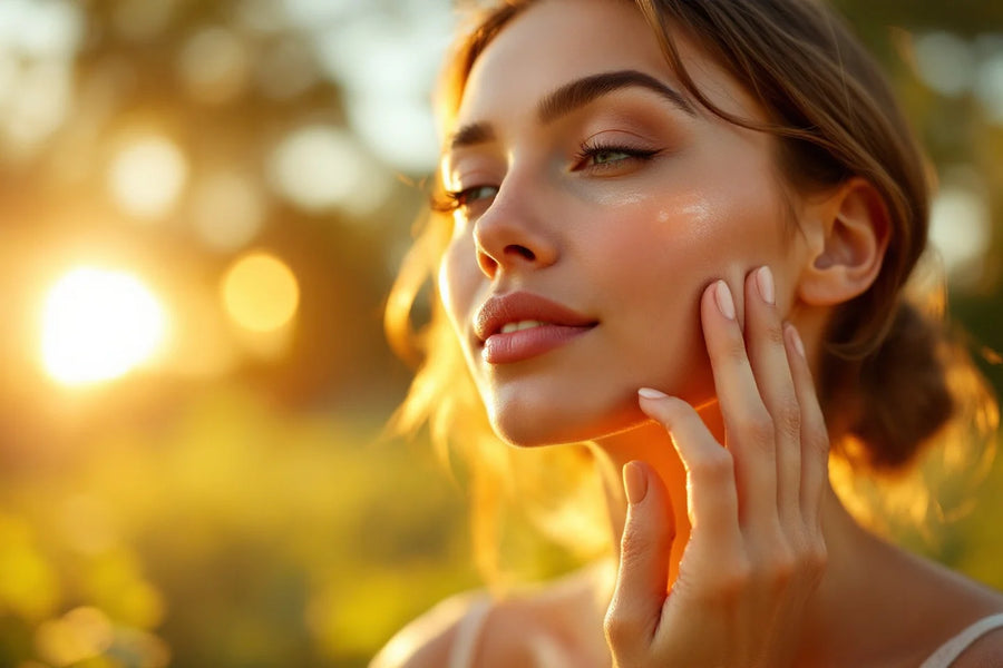 Femme appliquant un soin solaire minéral certifié en extérieur, peau lumineuse, lumière dorée d'été