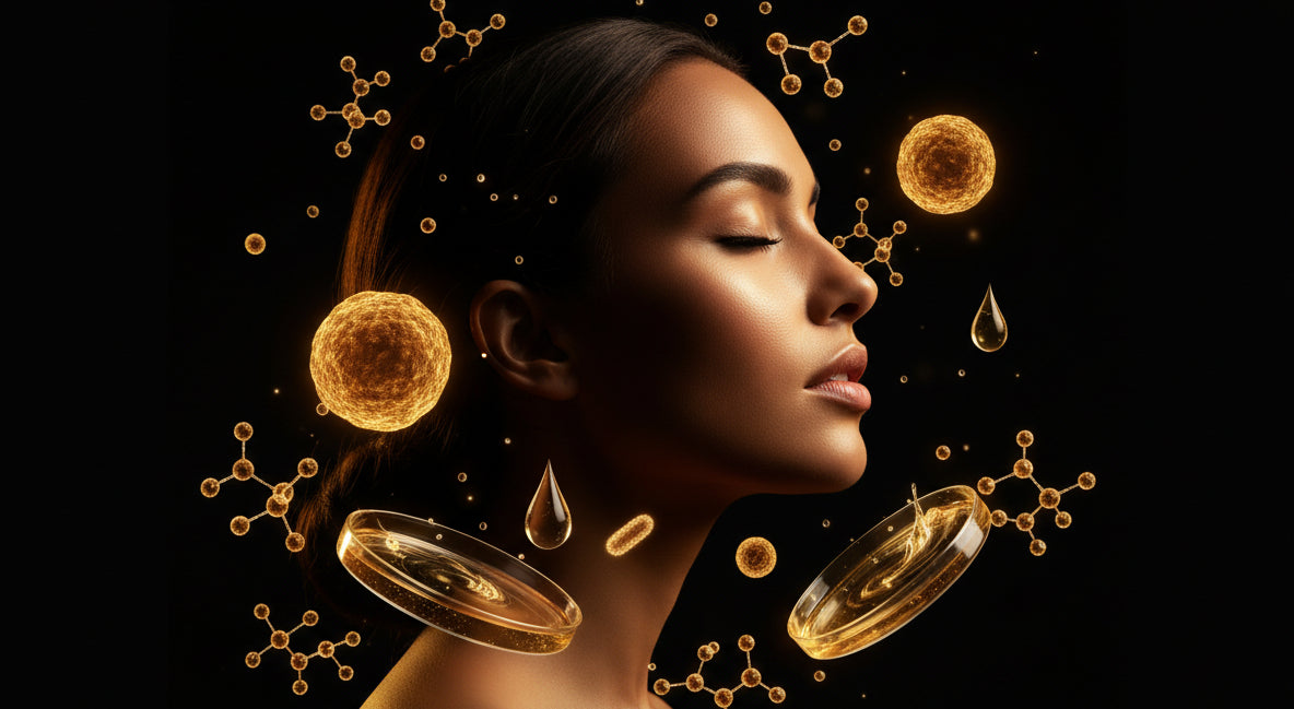 Microbiome cutané et prébiotiques — sphères dorées lumineuses, boîtes de Petri et connecteurs moléculaires