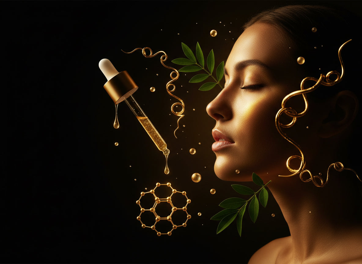 Peptides et bakuchiol — sérum pipette, structure moléculaire dorée et feuilles botaniques sur fond noir