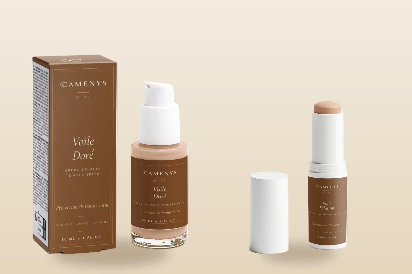 Voile Doré crème solaire teintée SPF30 et Voile Éclatant stick solaire minéral SPF50 — protection solaire CAMENYS