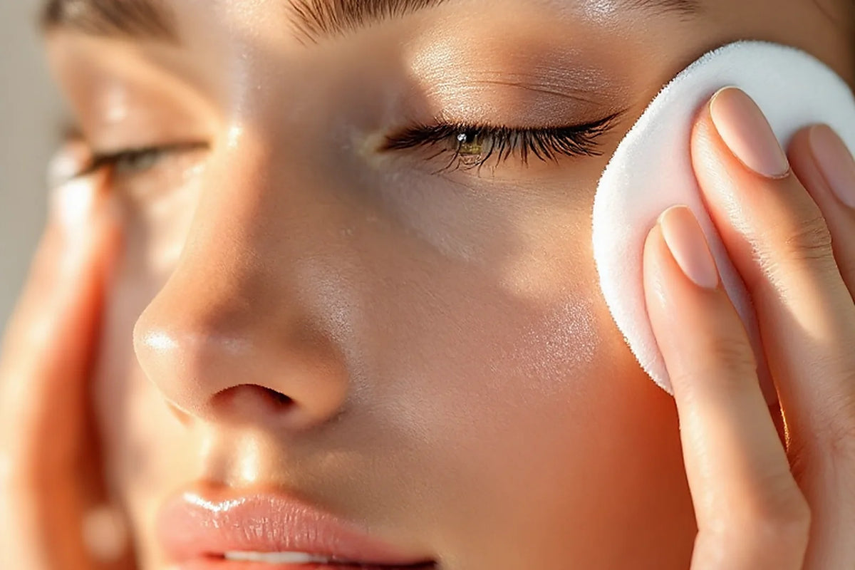Coton imbibé d'eau micellaire passé sur la joue, nettoyage doux du visage — CAMENYS