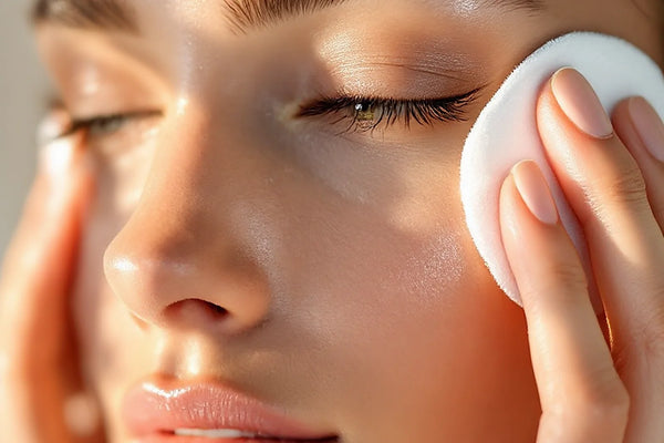 Coton imbibé d'eau micellaire passé sur la joue, nettoyage doux du visage — CAMENYS