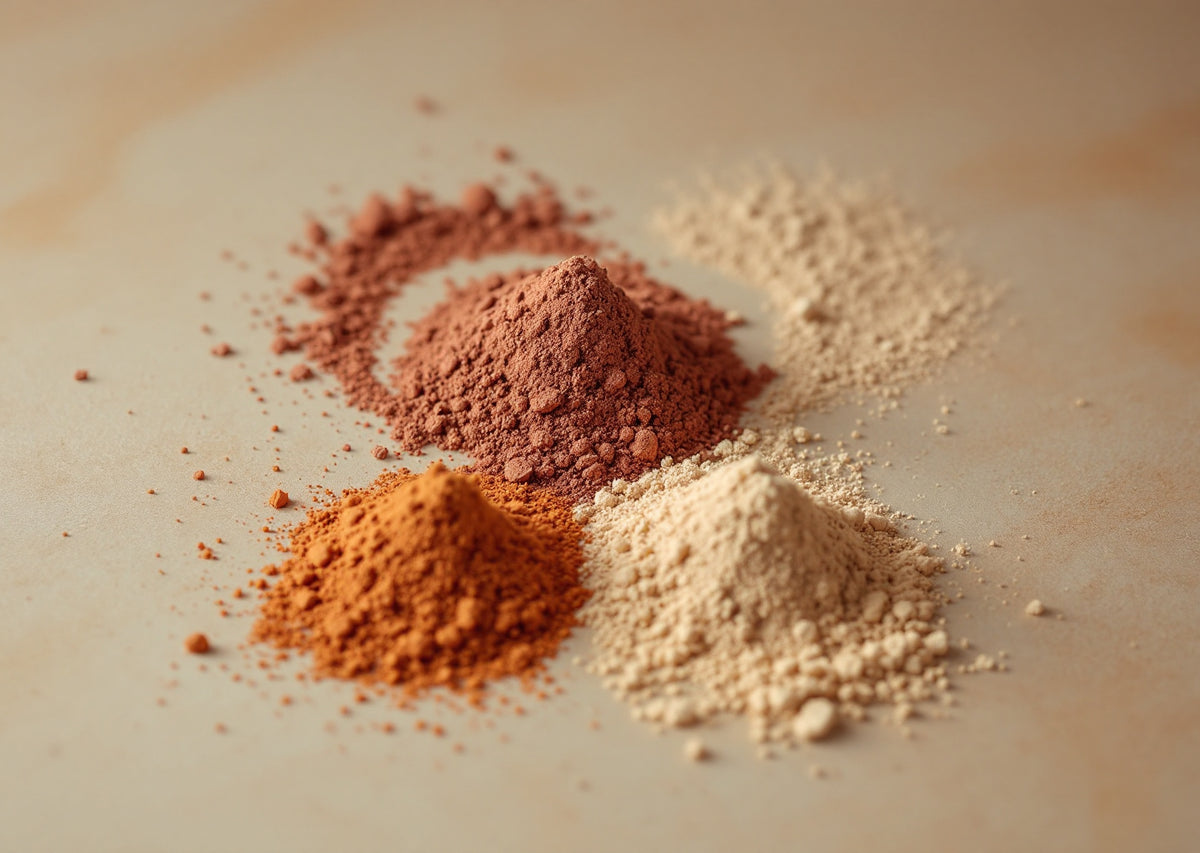 Quatre tas de pigments minéraux libres — terracotta, brun, ocre et crème — sur fond clair — CAMENYS