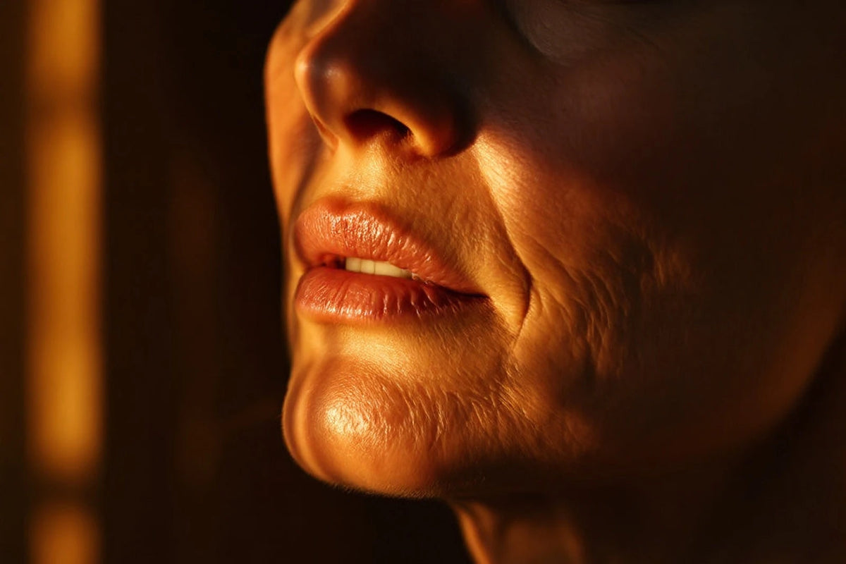 Bouche et mâchoire d'une femme mûre en lumière chaude rasante, grain de peau et ridules visibles — CAMENYS