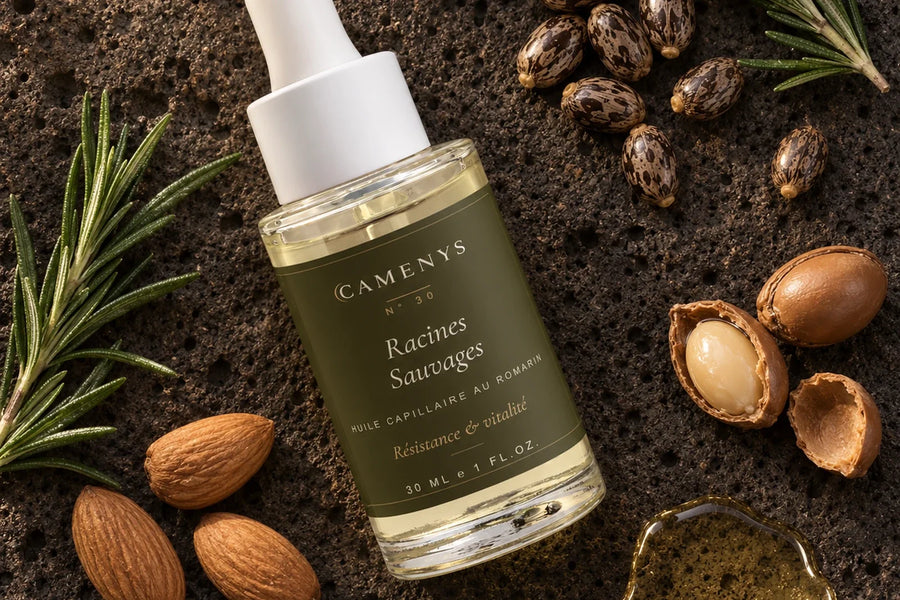 Graines de ricin, branches de romarin, amandes et noix d'argan autour de l'huile capillaire CAMENYS sur pierre volcanique