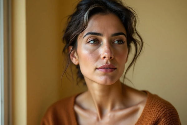 Portrait de trois quarts d'une femme d'environ quarante-huit ans, ridules d'expression et grain de peau naturel, en lumière douce de fenêtre sur fond crème uni — CAMENYS