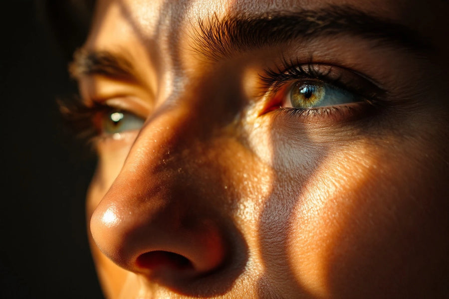 Gros plan sur le regard et la pommette d'une femme, grain de peau naturel en lumière dorée rasante — CAMENYS