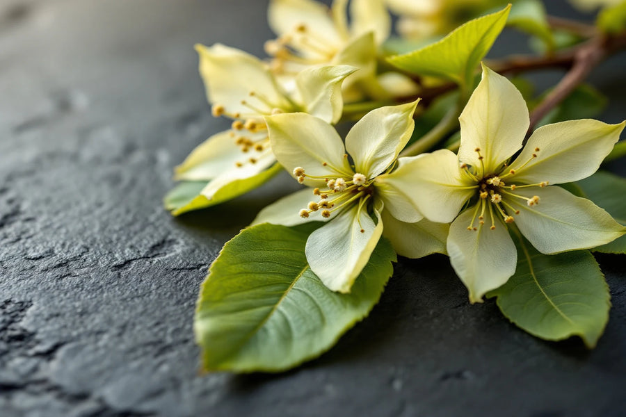 Actifs botaniques apaisants pour cuir chevelu sensible : fleurs et feuilles fraîches sur ardoise sombre — CAMENYS