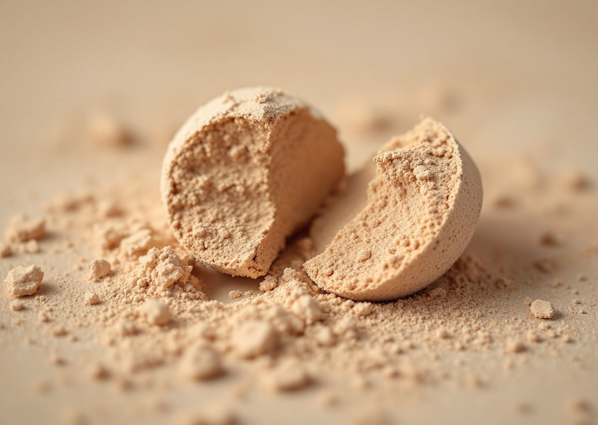 Poudre minérale beige compactée et brisée, éclats et poudre libre répandus sur fond sable — CAMENYS