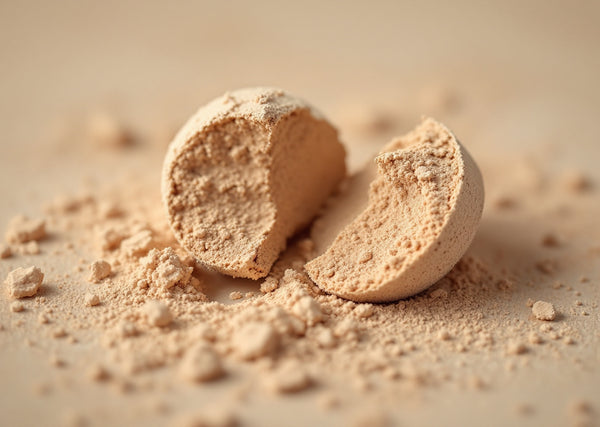 Poudre minérale beige compactée et brisée, éclats et poudre libre répandus sur fond sable — CAMENYS