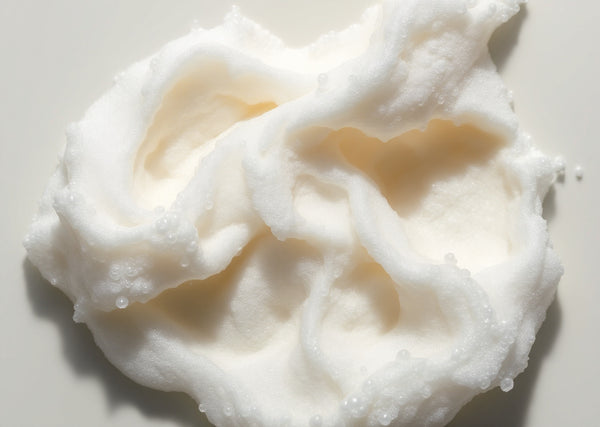 Mousse dense et fine d'un nettoyant sans sulfate, macro sur fond ivoire — CAMENYS