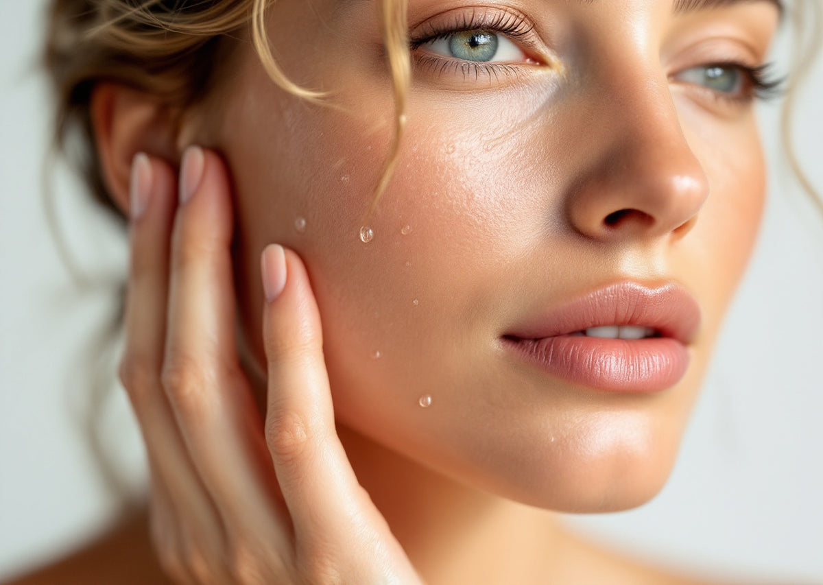 Femme touchant sa joue, peau nette parsemée de gouttelettes d'eau après le nettoyage du visage — CAMENYS