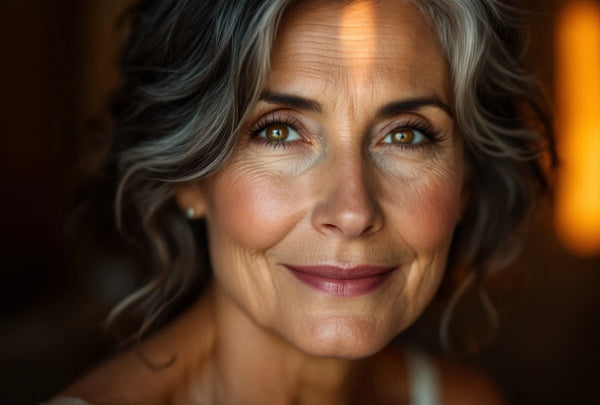 Femme mature 58 ans peau lumineuse rides naturelles — routine anti-âge naturelle certifiée CAMENYS