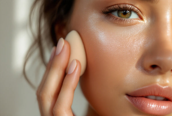 Gros plan sur une joue et un œil, éponge de maquillage appliquée sur la peau — CAMENYS
