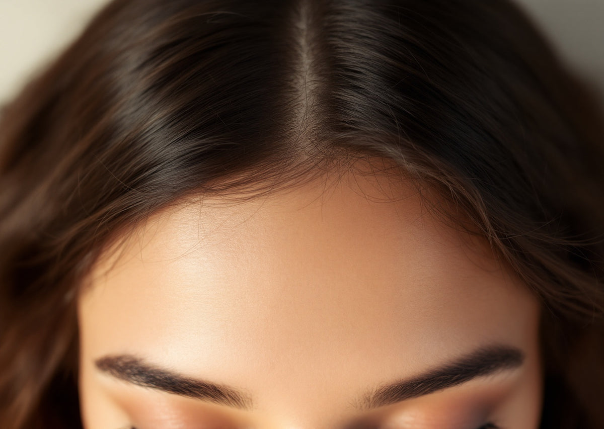Raie centrale et cuir chevelu visibles sur des cheveux bruns, front et sourcils en lumière naturelle douce — CAMENYS