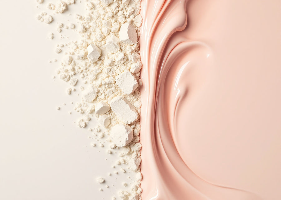 Composition en deux moitiés : éclats de shampoing solide à gauche, crème liquide rosée à droite — CAMENYS