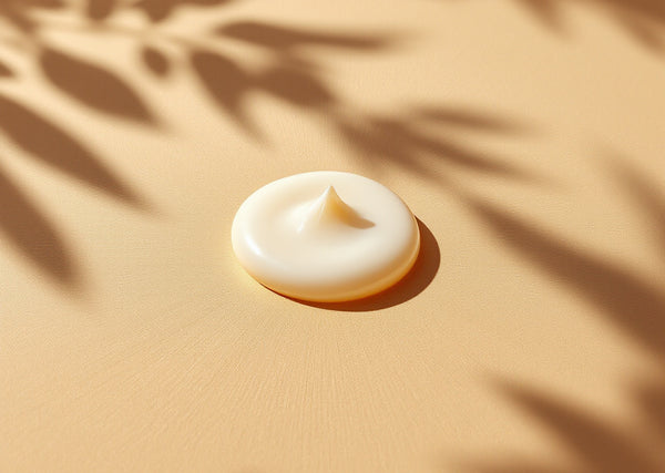 Noix de crème posée sur un fond beige sous l'ombre portée d'une palme — CAMENYS