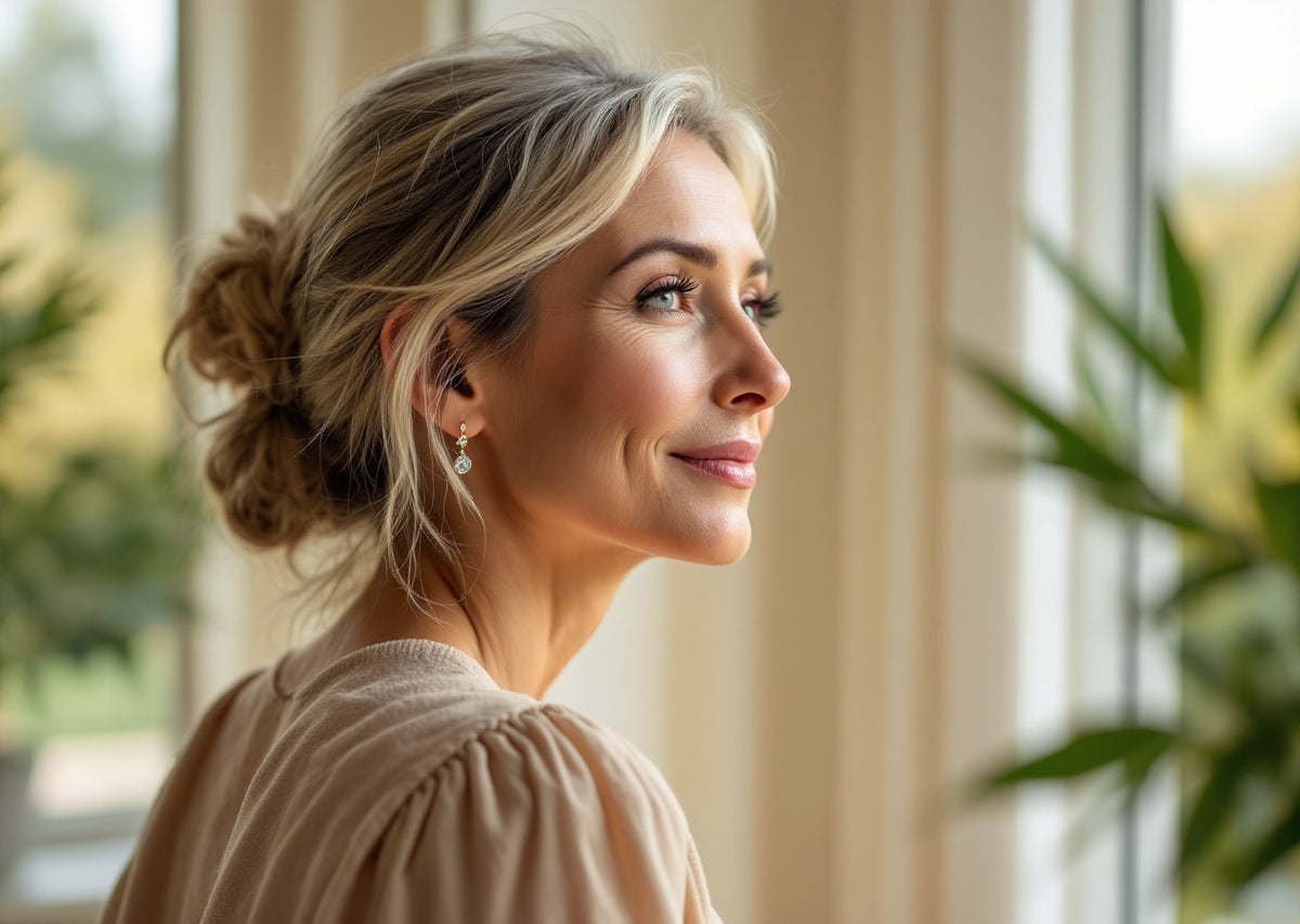 Femme d'une cinquantaine d'années de profil devant une fenêtre lumineuse, peau protégée au quotidien — CAMENYS