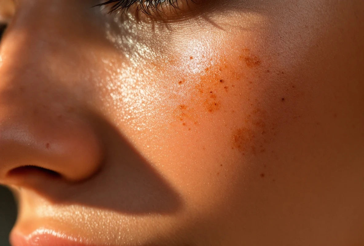Macro peau avec taches brunes hyperpigmentation visibles — atténuer taches brunes naturellement CAMENYS