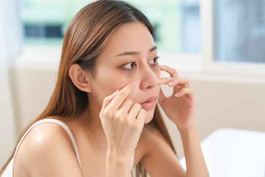 Femme observant les cernes sous ses yeux, lumière naturelle