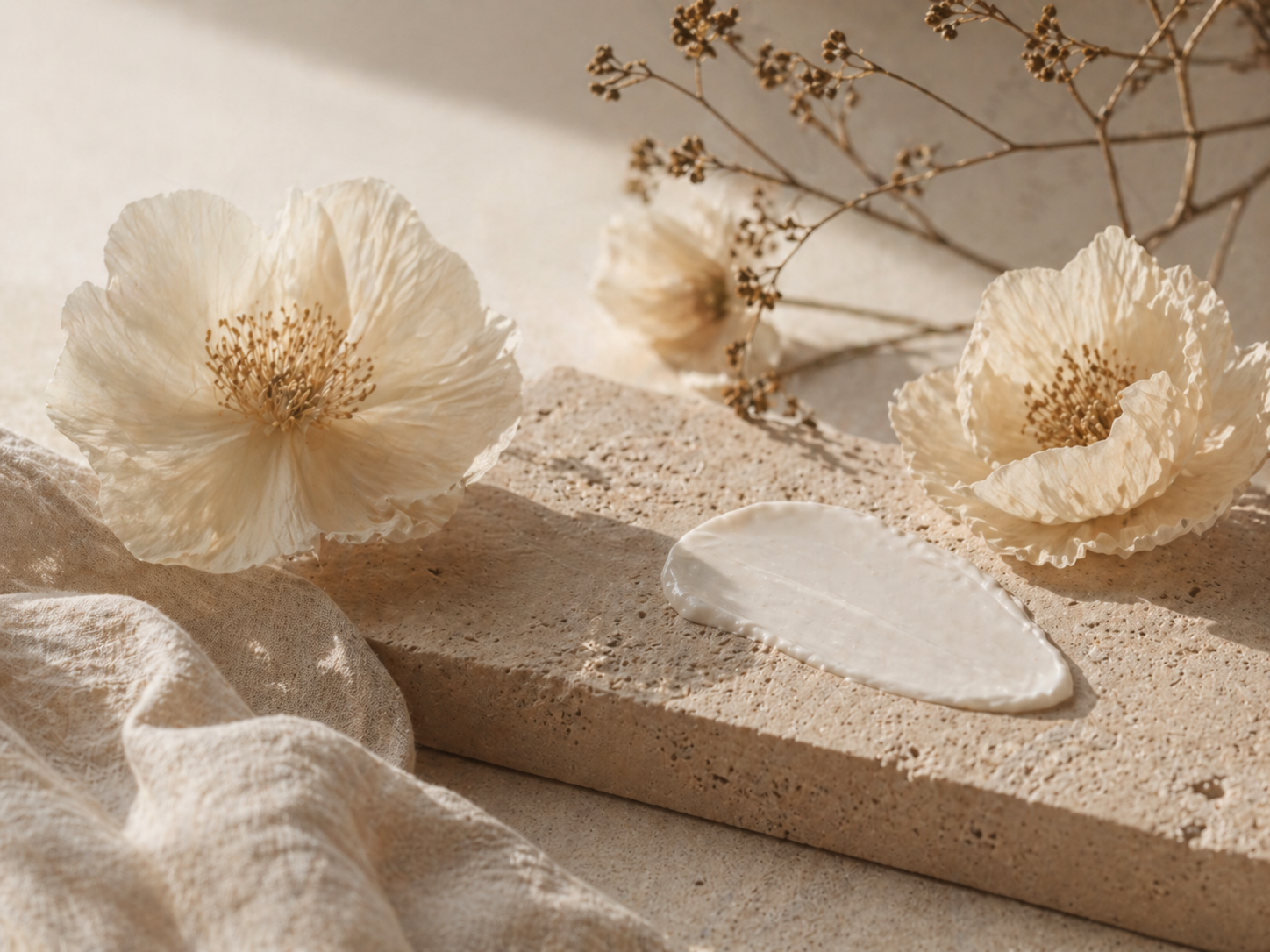 Nature morte premium avec fleurs et texture cosmétique