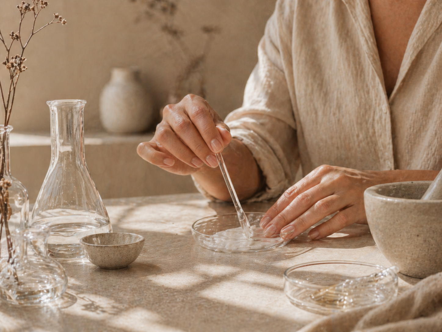 Scène de formulation cosmétique douce et encadrée