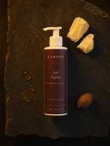Douceur Fondante — Lait Nettoyant Anti-Âge Argan & Karité — ingrédients flat lay — CAMENYS
