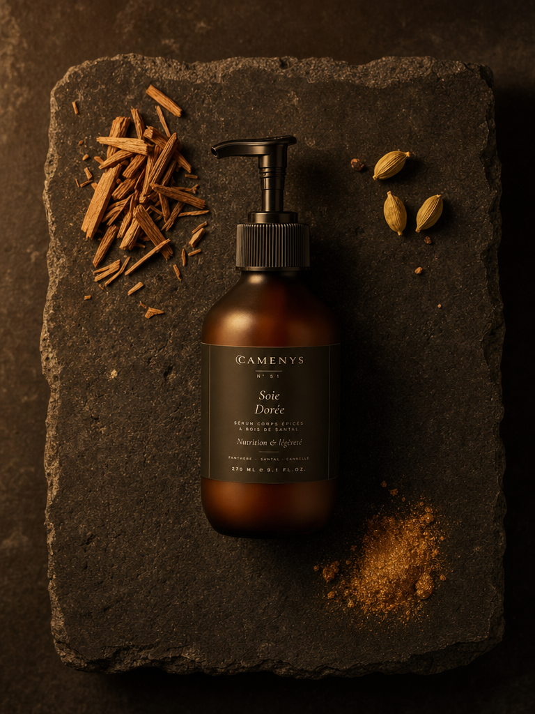 Soie Dorée — Sérum Corps Épices & Bois de Santal — application